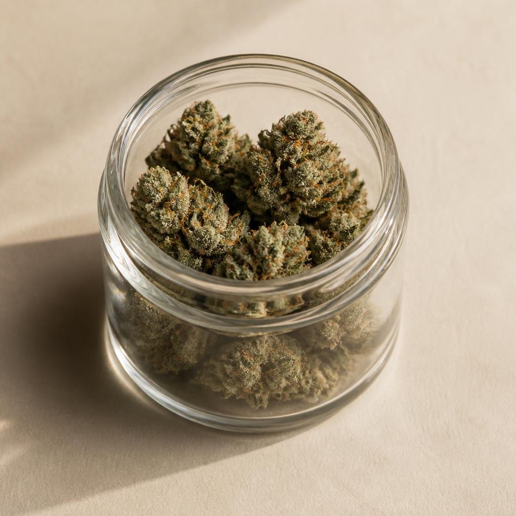 Pre-packed cannabis flower in a glass jar